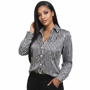 Tracy M Silk Blouse black white stripe button down top medium